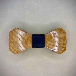 Ash wood bowtie with a black leather middle wrap.