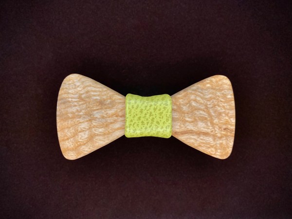 Ash wood bowtie with yellow leather middle wrap.