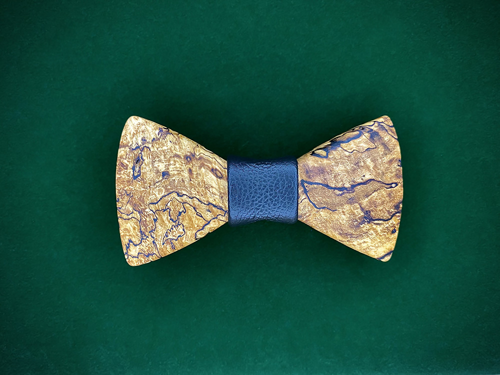 Burl Maple wood bowtie with a black leather middle wrap.