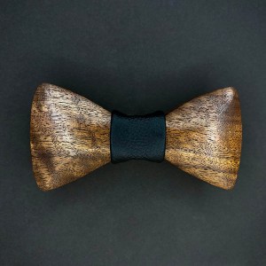 Walnut wood bowtie with a black leather middle wrap.